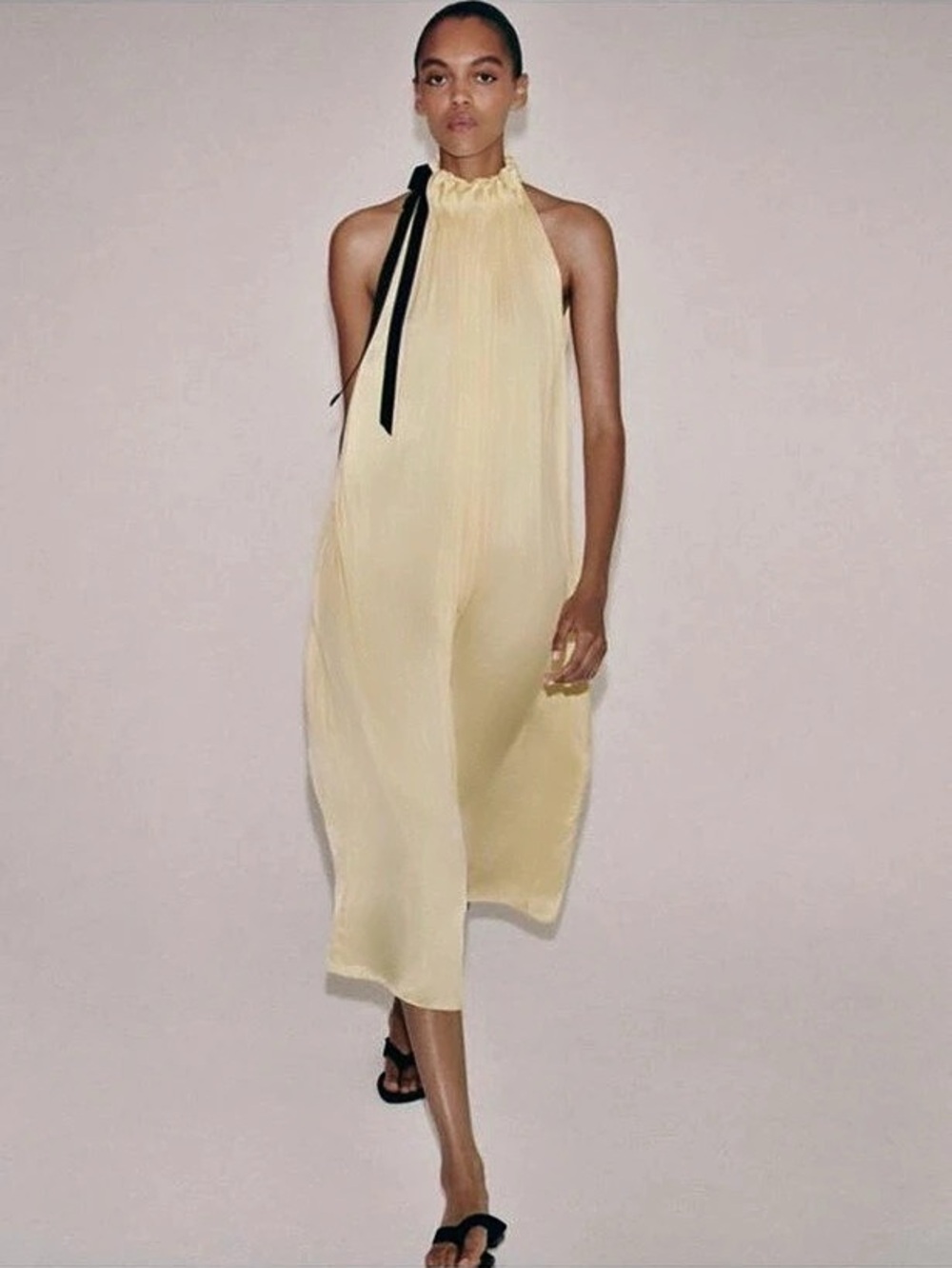 Zara Plissé Halterneck Maxi Dress Yellow